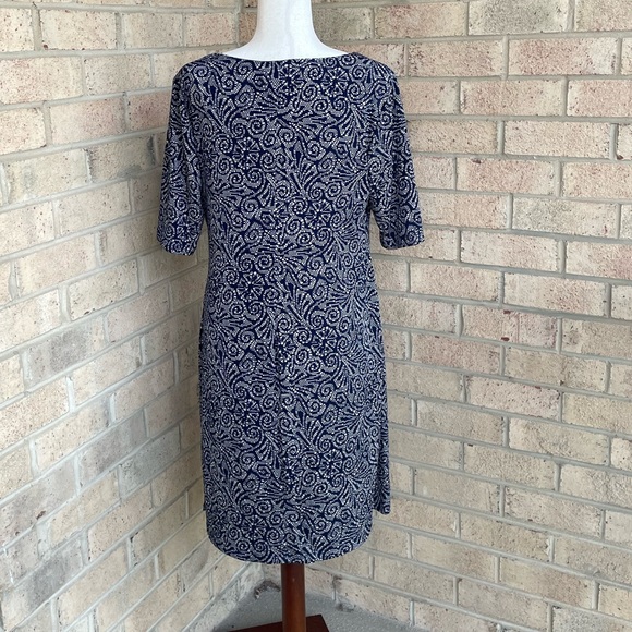 Connected Apparel Faux Wrap Dress Navy and Tan, Women’s Size 14 Petite 14P - Picture 3 of 8